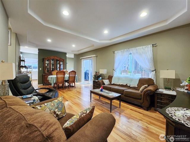 2332 130th Pl SE, Everett, WA 98208 - living room with a tray ceiling, light wood finished floors, and recessed lighting