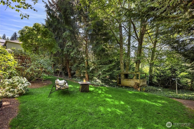 9437 NE Coral Ct, Bainbridge Island, WA 98110 - view of grassy yard with a fire pit