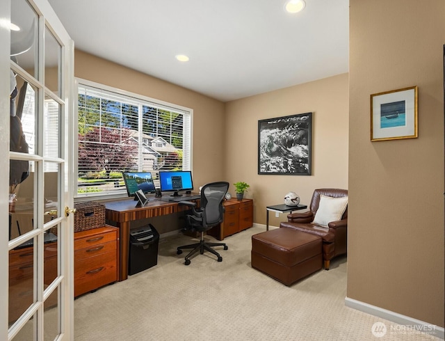 9437 NE Coral Ct, Bainbridge Island, WA 98110 - office area with light carpet, recessed lighting, and baseboards