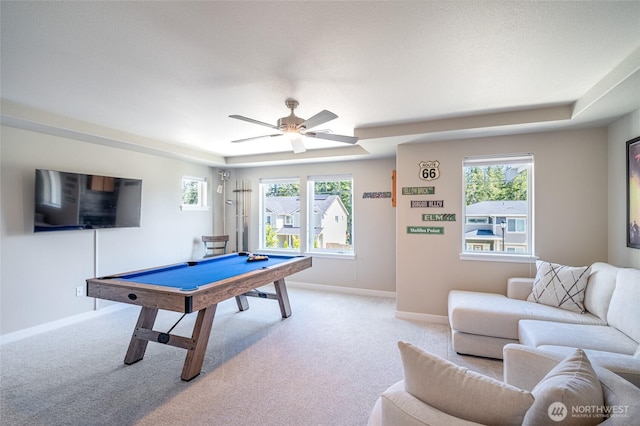 4213 Caddyshack Dr NE, Lacey, WA 98516 - rec room with billiards table, light carpet, baseboards, ceiling fan, and a tray ceiling