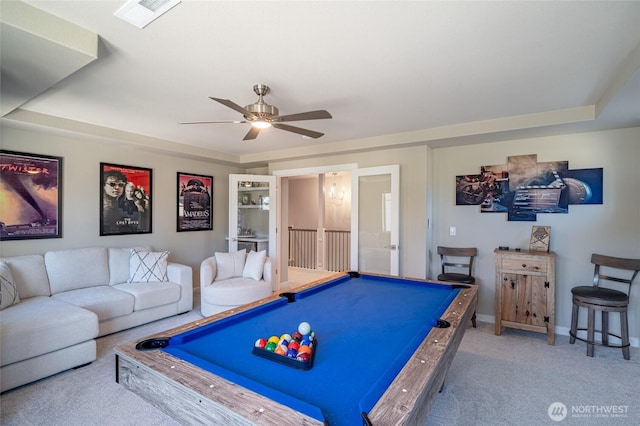 4213 Caddyshack Dr NE, Lacey, WA 98516 - playroom featuring billiards, a ceiling fan, carpet flooring, french doors, and baseboards