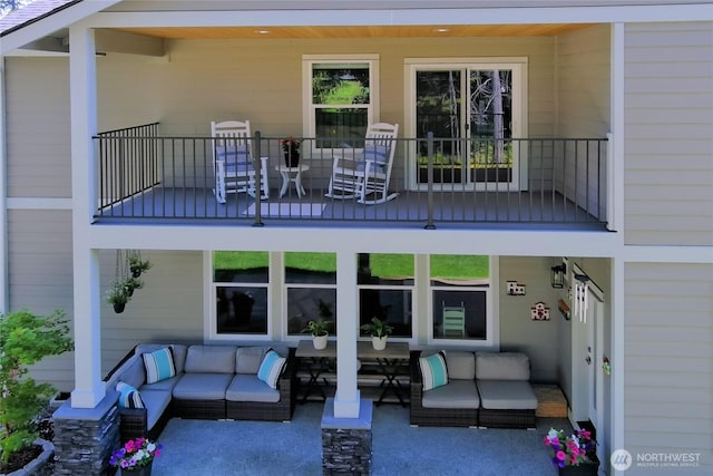 4213 Caddyshack Dr NE, Lacey, WA 98516 - rear view of house featuring an outdoor living space, a balcony, and a patio