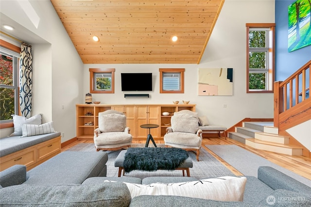 2518 S Park Dr, Bellingham, WA 98225 - living room featuring wood finished floors, recessed lighting, lofted ceiling, wooden ceiling, and stairway