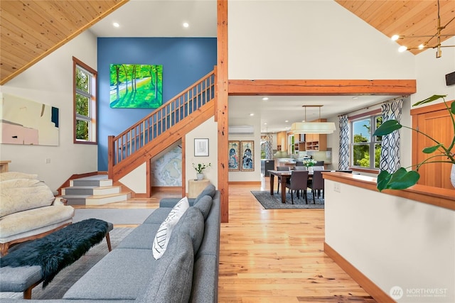 2518 S Park Dr, Bellingham, WA 98225 - living area with a wall mounted air conditioner, light wood finished floors, wood ceiling, high vaulted ceiling, and recessed lighting