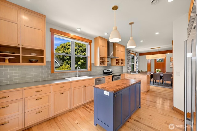 2518 S Park Dr, Bellingham, WA 98225 - kitchen featuring butcher block counters, a sink, stainless steel appliances, open shelves, and light brown cabinetry