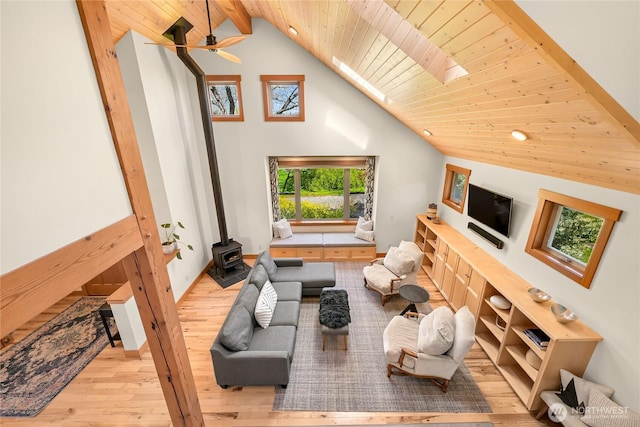 2518 S Park Dr, Bellingham, WA 98225 - living area with wood-type flooring, wood ceiling, a wood stove, beamed ceiling, and high vaulted ceiling