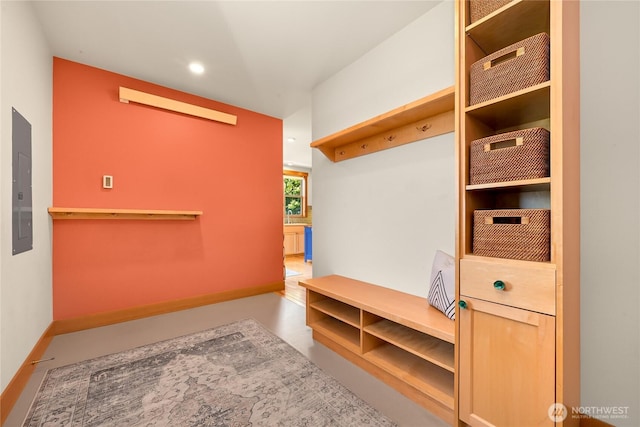 2518 S Park Dr, Bellingham, WA 98225 - mudroom with electric panel, baseboards, recessed lighting, and finished concrete floors