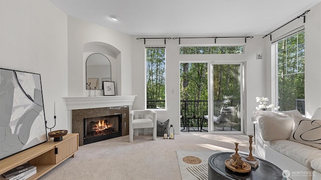 carpeted living room with a premium fireplace