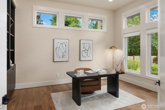 office area featuring healthy amount of natural light, baseboards, and wood finished floors