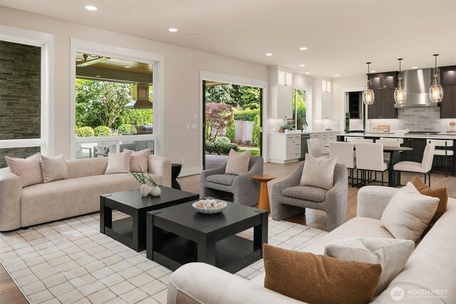 living room with recessed lighting
