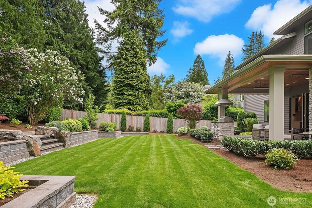 view of yard featuring ceiling fan and a patio area