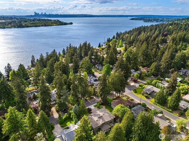 aerial overview of property's location with a large body of water, nearby suburban area, and a forest