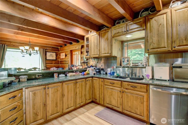 53932 Rockport Cascade Rd, Rockport, WA 98283 - kitchen with dishwasher, beamed ceiling, plenty of natural light, light wood-style floors, and wood ceiling