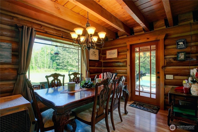 53932 Rockport Cascade Rd, Rockport, WA 98283 - dining area featuring a chandelier, light wood finished floors, rustic walls, wood ceiling, and healthy amount of natural light