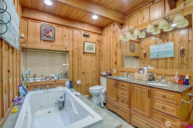 53932 Rockport Cascade Rd, Rockport, WA 98283 - full bath featuring wooden ceiling, wood walls, toilet, beam ceiling, and a tub with jets