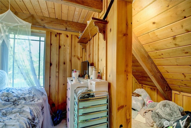 53932 Rockport Cascade Rd, Rockport, WA 98283 - bedroom featuring wood ceiling, beamed ceiling, and wood walls