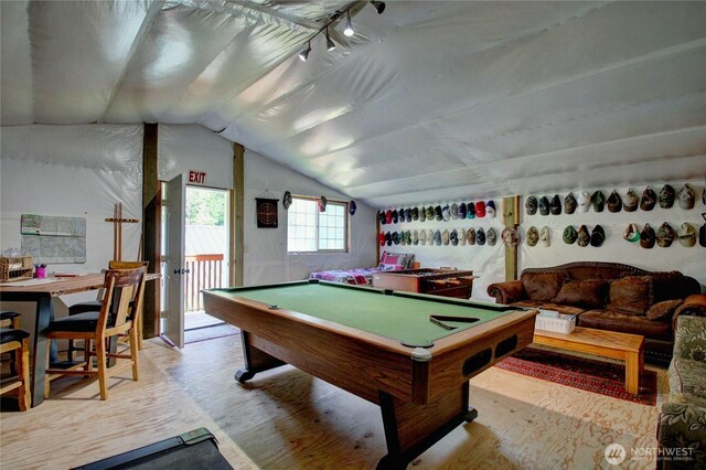 53932 Rockport Cascade Rd, Rockport, WA 98283 - recreation room featuring vaulted ceiling, billiards, and track lighting