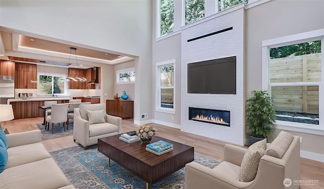1593 213th Ct NE, Sammamish, WA 98074 - living room featuring light wood finished floors, a fireplace, and a tray ceiling