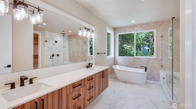 1593 213th Ct NE, Sammamish, WA 98074 - full bathroom featuring a marble finish shower, a soaking tub, double vanity, marble finish flooring, and recessed lighting