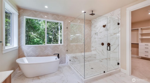 1593 213th Ct NE, Sammamish, WA 98074 - bathroom featuring healthy amount of natural light, a marble finish shower, a freestanding bath, and recessed lighting