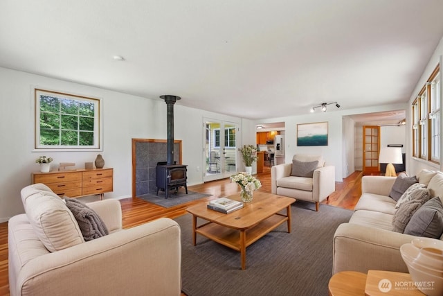 living area with wood finished floors, a wood stove, and healthy amount of natural light