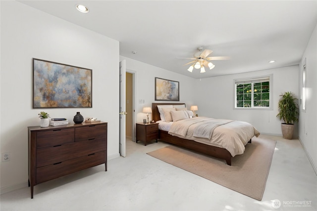 bedroom featuring ceiling fan, baseboards, and recessed lighting