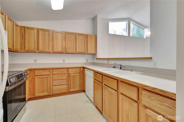 kitchen with lofted ceiling, a sink, electric range oven, white dishwasher, and light countertops