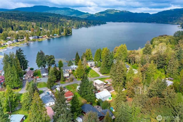 view of property location featuring a forest, a water and mountain view, and nearby suburban area