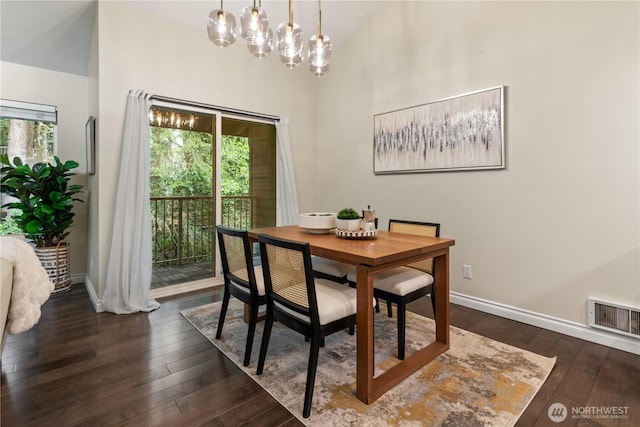14651 NE 40th St Unit C4, Bellevue, WA 98007 - dining room with dark wood-style floors, baseboards, a chandelier, and high vaulted ceiling