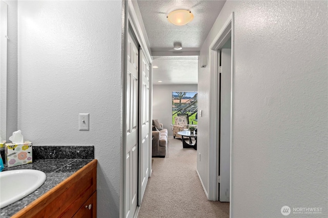 hall featuring light carpet, a textured wall, and a sink