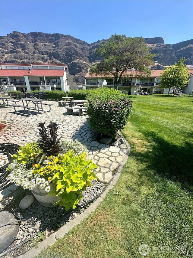 view of home's community featuring a mountain view and a yard