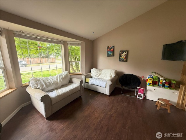 21614 82nd Avenue Ct E, Spanaway, WA 68718 - living room with vaulted ceiling, dark wood-type flooring, and baseboards