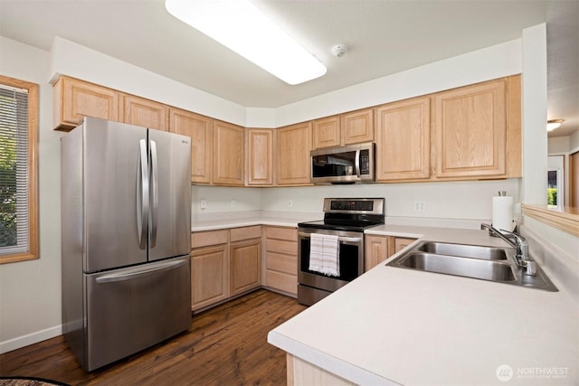 kitchen with stainless steel appliances, a sink, plenty of natural light, and light brown cabinetry