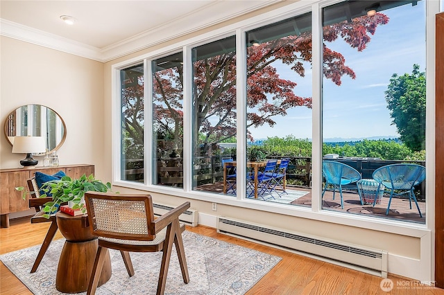 sunroom with crown molding, a baseboard radiator, healthy amount of natural light, and wood finished floors