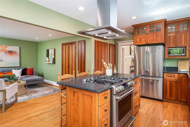 kitchen with stainless steel appliances, island exhaust hood, a breakfast bar, light wood finished floors, and open floor plan