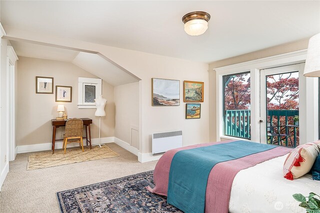 bedroom with radiator, access to outside, light carpet, and baseboards