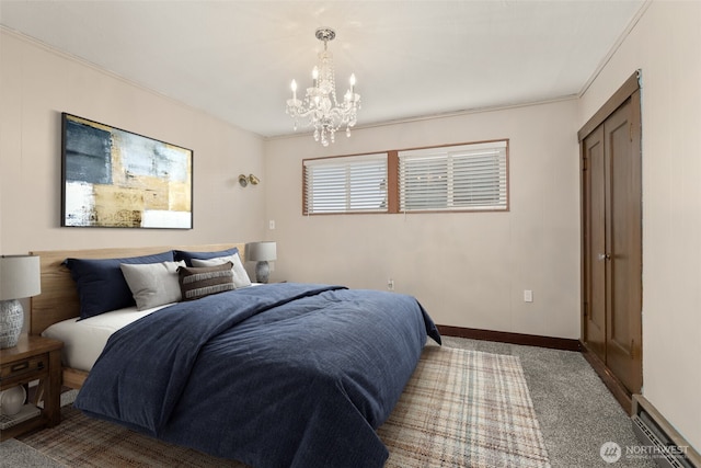 1250 N Broadway St, Aberdeen, WA 98520 - carpeted bedroom featuring a chandelier, a baseboard radiator, and crown molding