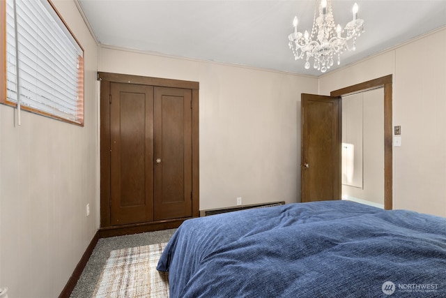 1250 N Broadway St, Aberdeen, WA 98520 - carpeted bedroom featuring a baseboard radiator, a chandelier, and ornamental molding