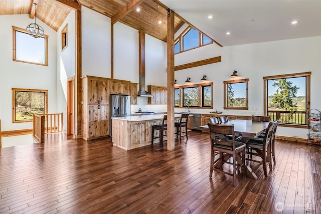 dining room with high vaulted ceiling, dark wood-style flooring, a chandelier, healthy amount of natural light, and beamed ceiling