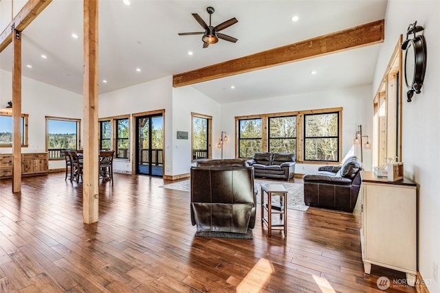 living area with hardwood / wood-style flooring, recessed lighting, and a ceiling fan