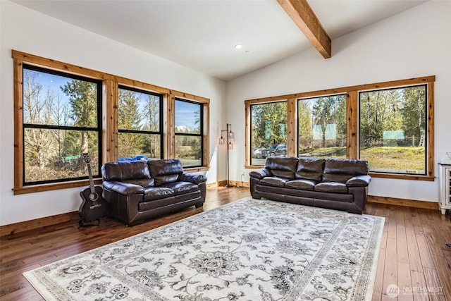 living room featuring dark wood-style flooring, recessed lighting, and baseboards