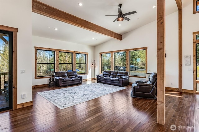 living room with dark wood-type flooring, ceiling fan, recessed lighting, and baseboards