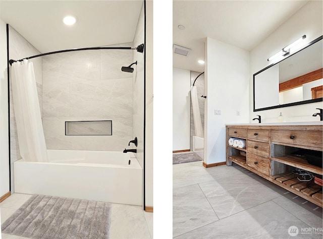 full bath featuring shower / bath combo, baseboards, double vanity, recessed lighting, and marble finish floors