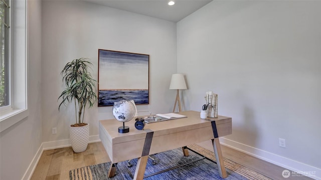 office with wood finished floors, baseboards, and recessed lighting