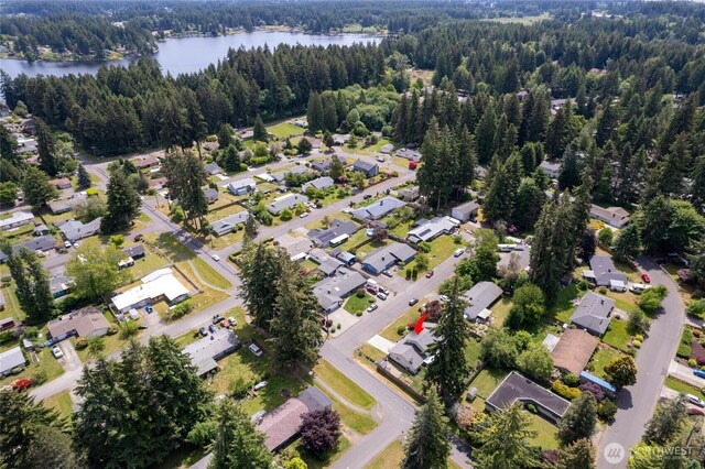 2505 Angela St SE, Lacey, WA 98503 - aerial view of property and surrounding area featuring a forest, a large body of water, and nearby suburban area