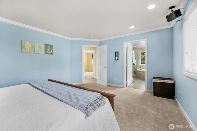 1401 241st St SE, Bothell, WA 98021 - bedroom featuring carpet floors, ornamental molding, baseboards, recessed lighting, and ensuite bath