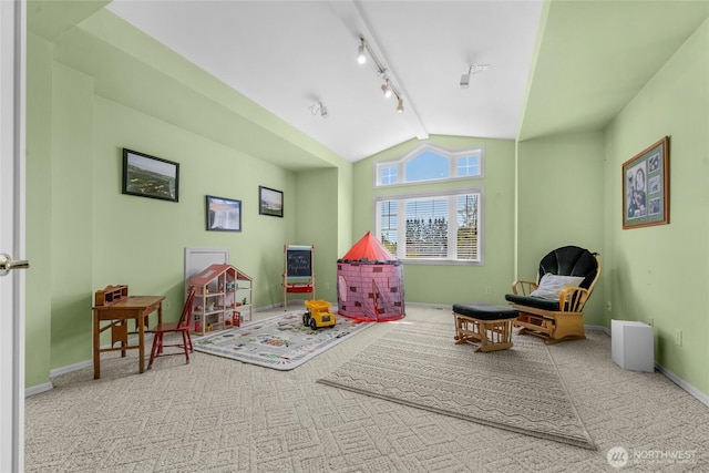 1401 241st St SE, Bothell, WA 98021 - recreation room with lofted ceiling, carpet floors, baseboards, and rail lighting