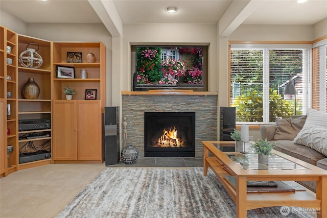 1401 241st St SE, Bothell, WA 98021 - carpeted living area with a stone fireplace and recessed lighting