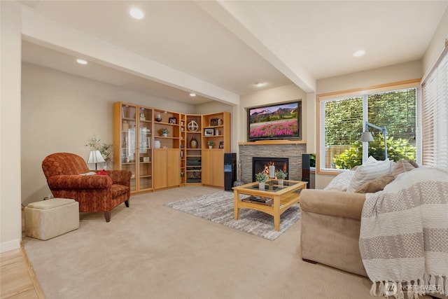 1401 241st St SE, Bothell, WA 98021 - carpeted living room featuring beam ceiling, a fireplace, recessed lighting, and baseboards