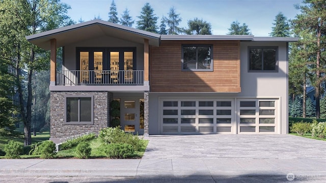 18520 83rd Ave NE, Kenmore, WA 98028 - contemporary home with a balcony, stone siding, driveway, a garage, and stucco siding